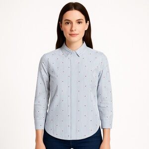 H&M Blue Pinstripe Heart Print Button-Down Shirt